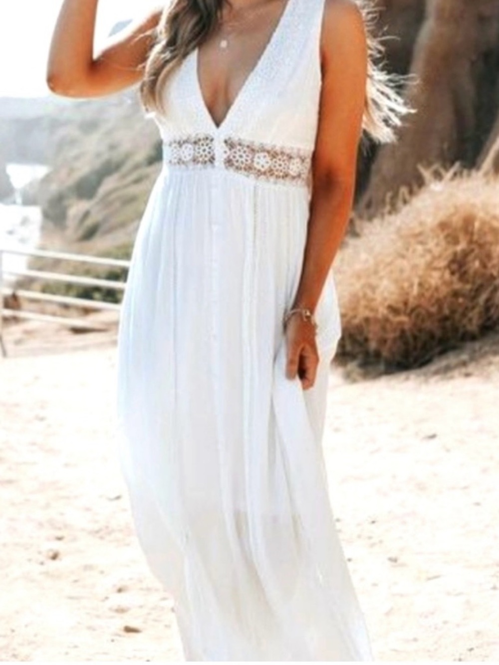 Bohemian Magnolia Boutique Deep V Neck Maxi Dress Flowy Gauze with Lace Detail